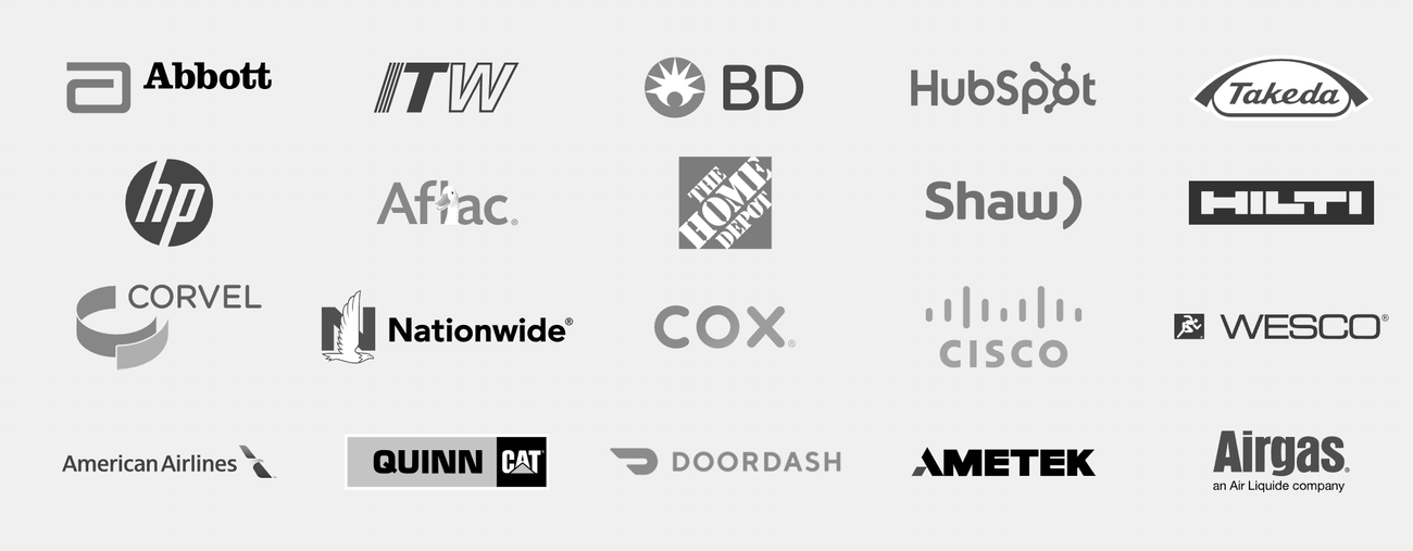 Aziende che hanno scelto ASLAN Sales Training: Abbott, ITW, BD, HubSpot, Takeda, HP, Aflac, Home Depot, Shaw, Hilti, Corvel, Nationwide, Cox, Cisco, Wesco, American Airlines, Quinn CAT, DoorDash, Ametek, Airgas